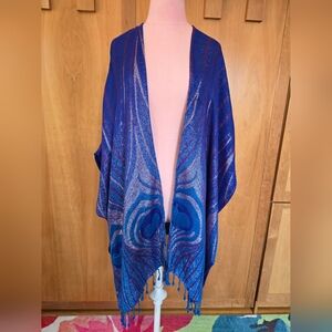 Gorgeous Peacock Sweater Ruana With Fringe Size L/XL